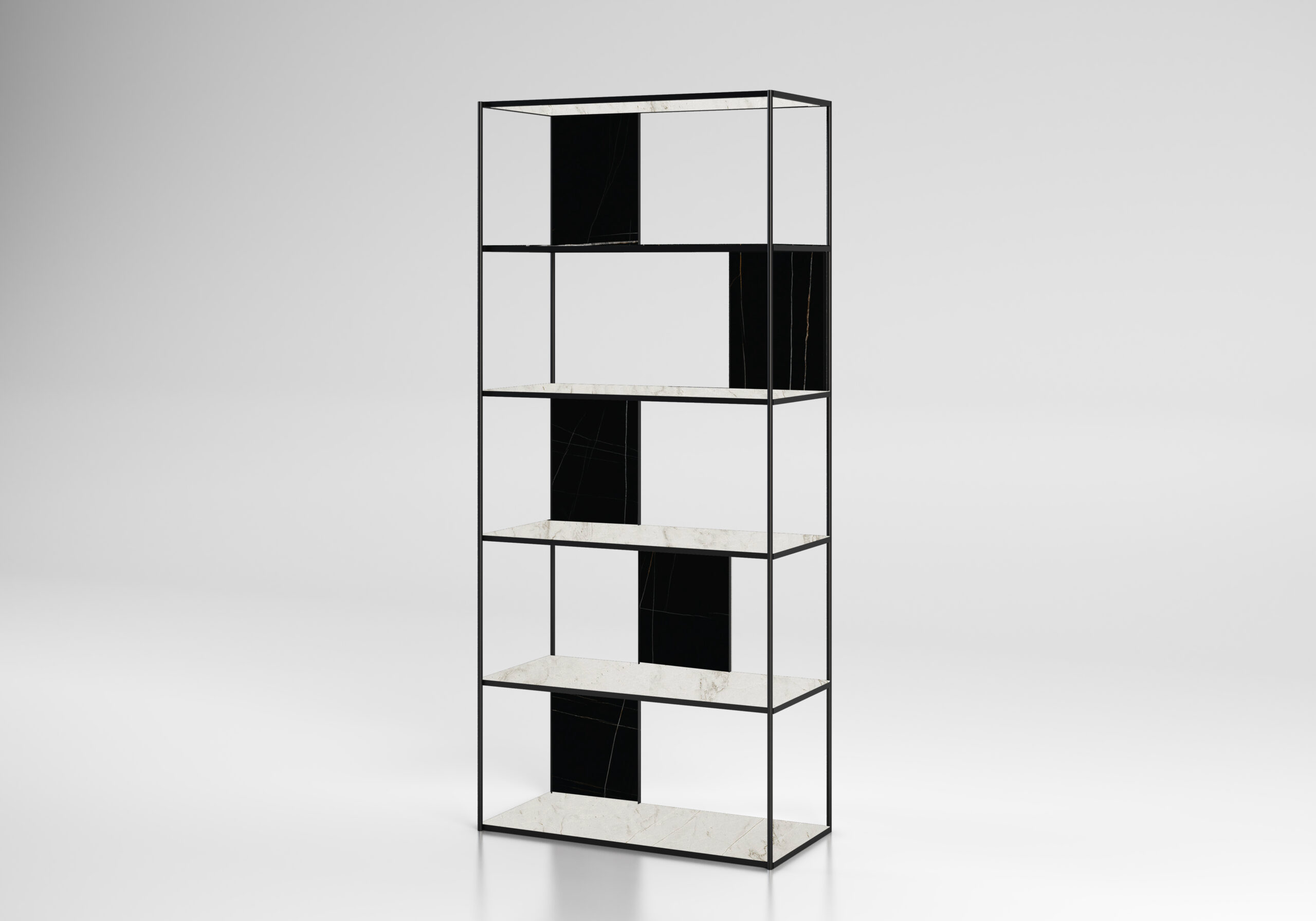 Atik estantería con baldas de mármol negro Black Mirage y Blanco Nebula. Metal negro.
