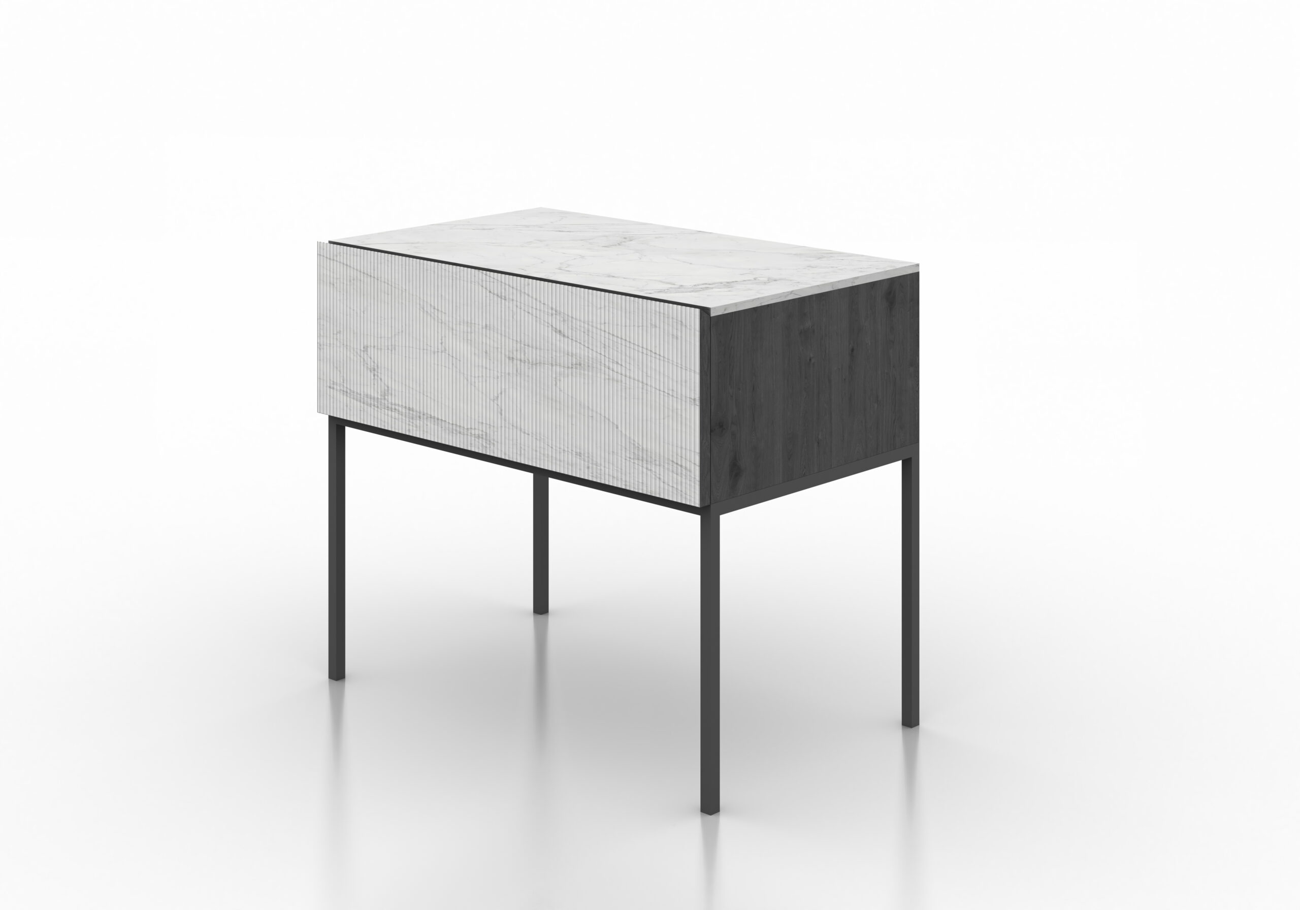 Mesita noche diseño autor mármol blanco acanalado madera negra metal negro