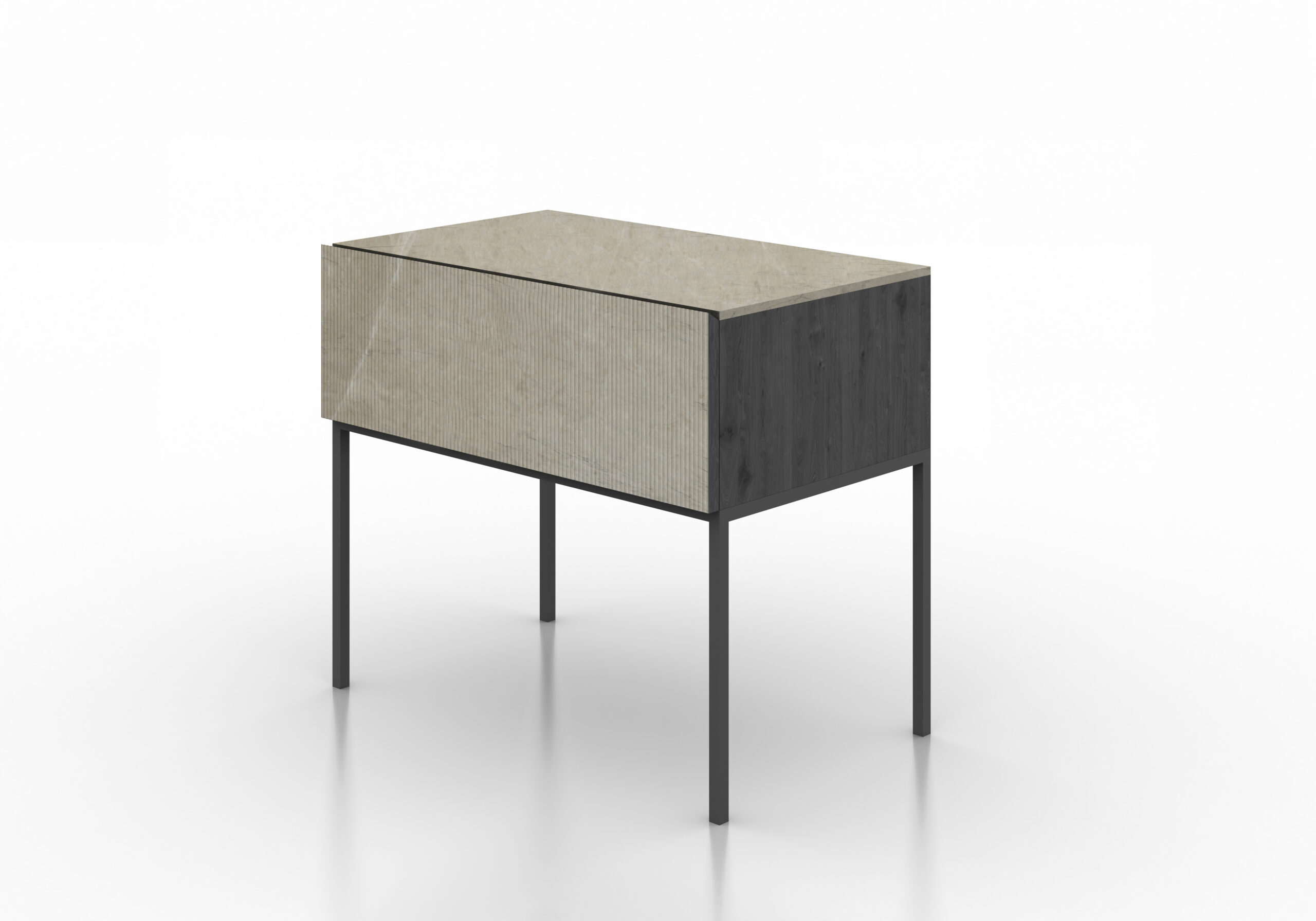 Mesita noche diseño autor mármol beige acanalado madera negra metal negro