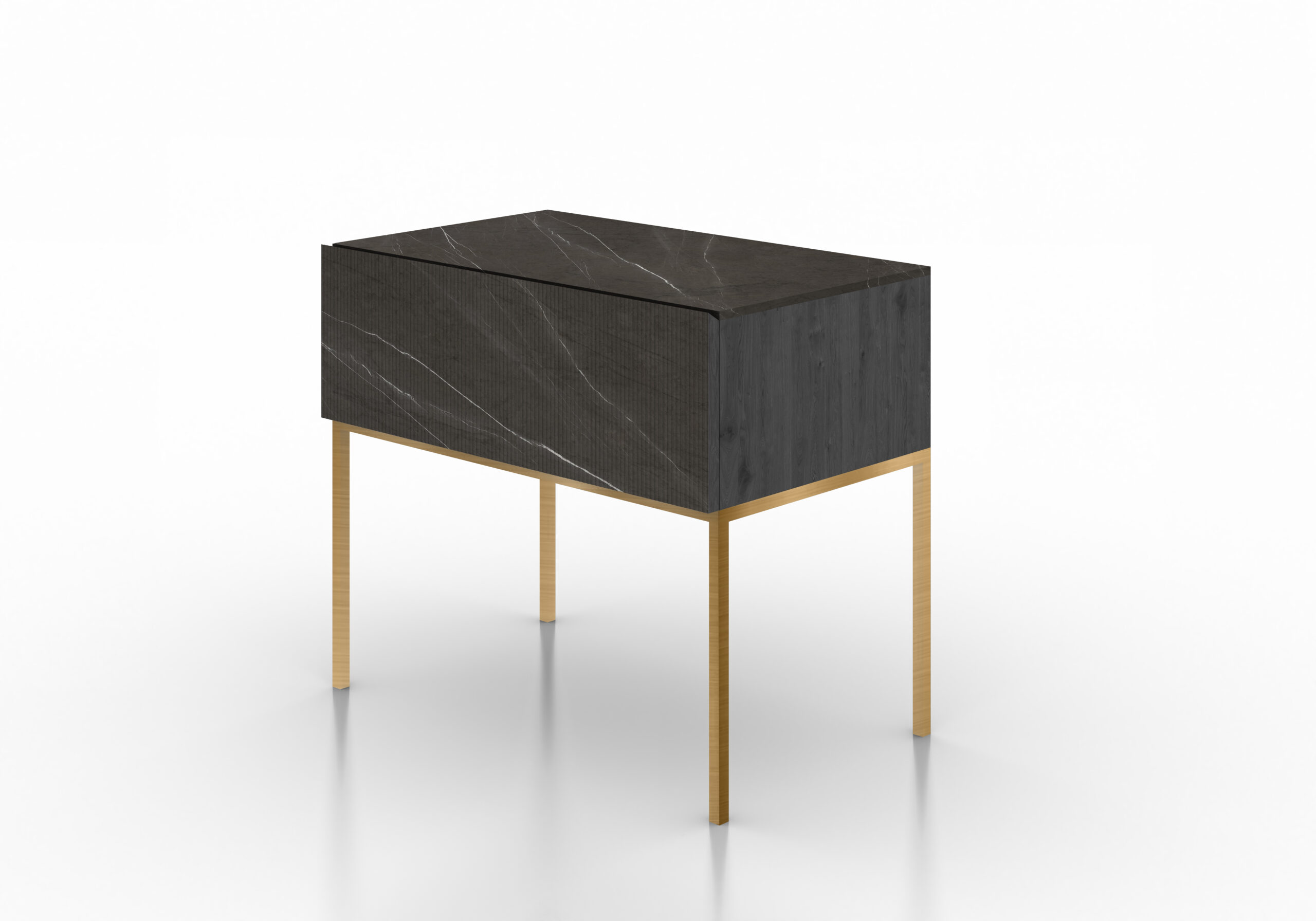 Mesita noche diseño autor mármol gris oscuro acanalado madera negra metal bronce