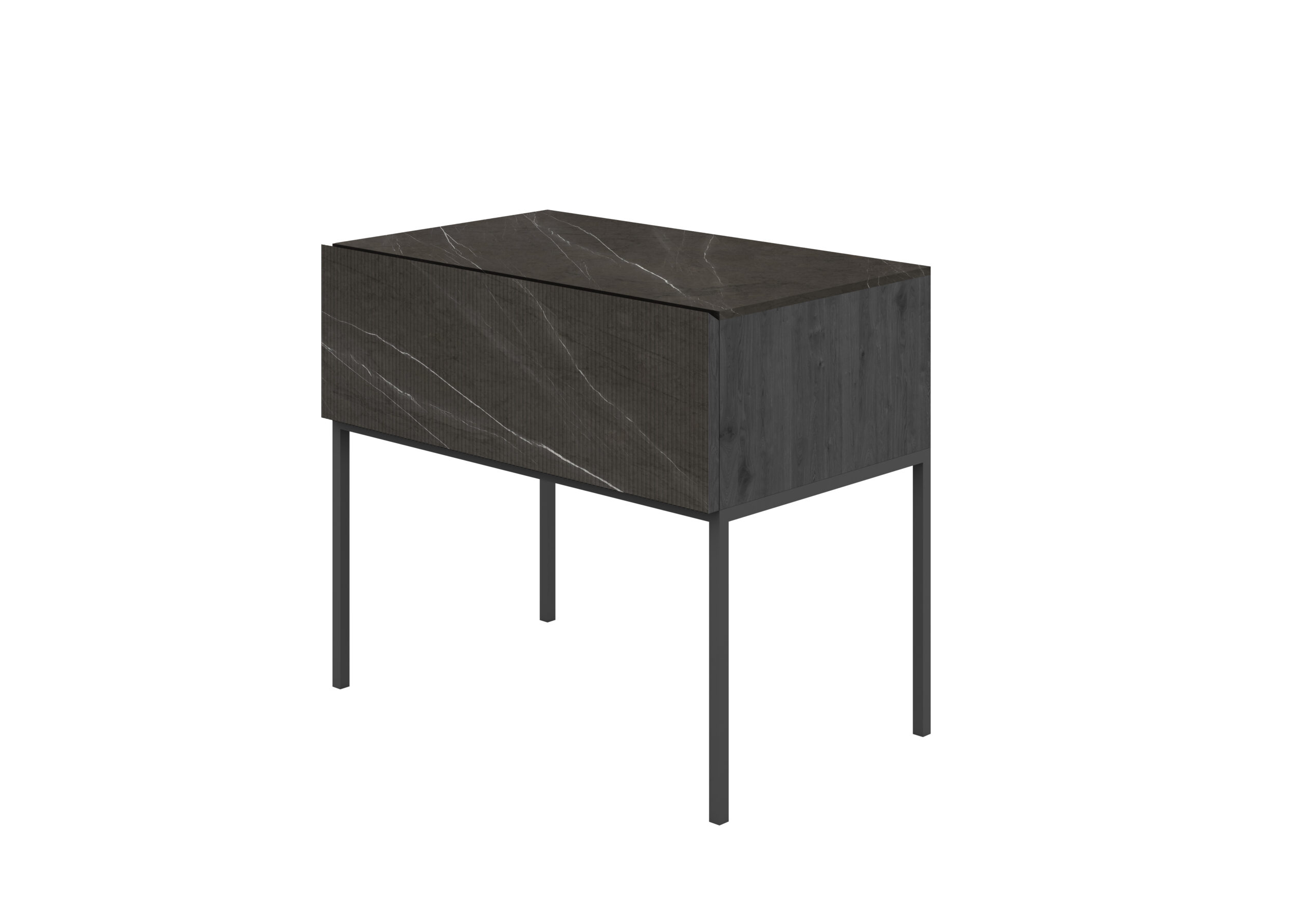 Mesita noche diseño autor mármol gris oscuro acanalado madera negra metal negro