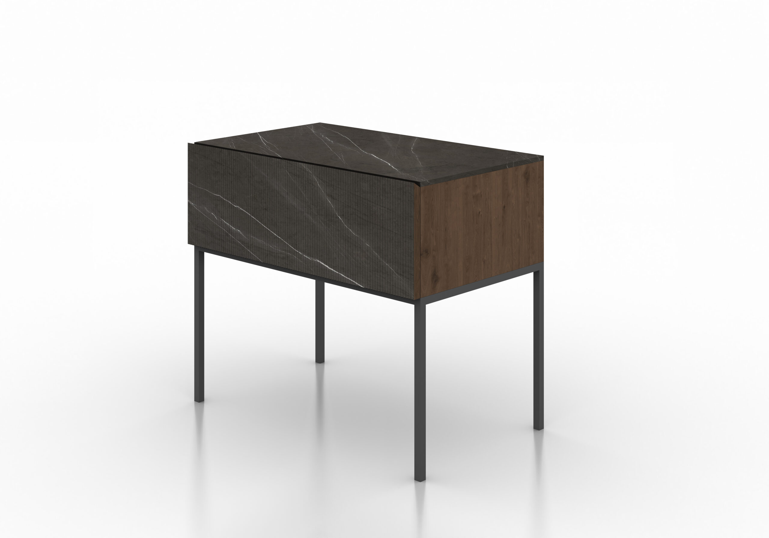 Mesita noche diseño autor mármol gris oscuro acanalado madera roble metal negro