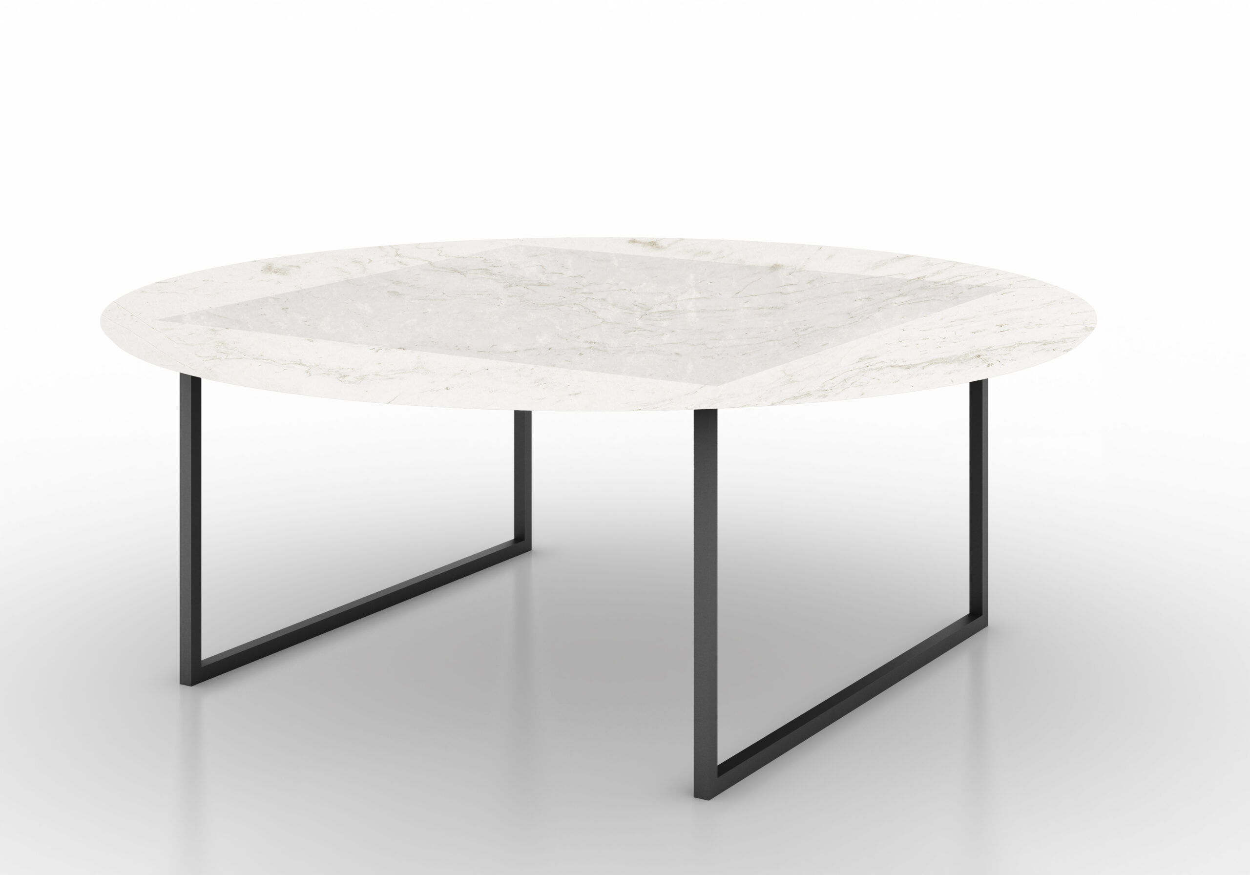 Morava mesa de centro redonda con mármol Blanco Nebula pulido y leather mate. Metal negro.
