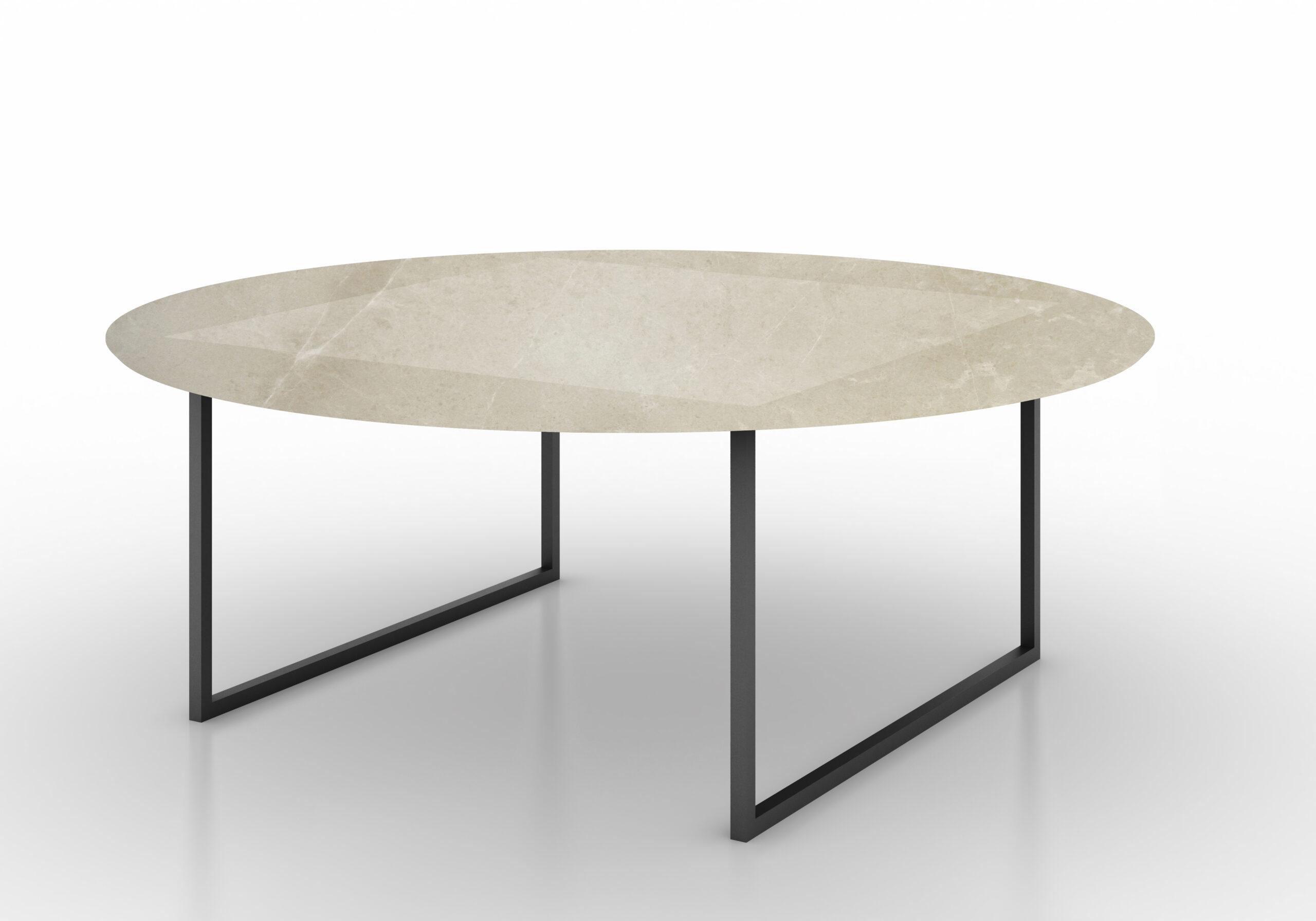Morava mesa de centro redonda con mármol Crema Premium pulido y leather mate. Metal negro.