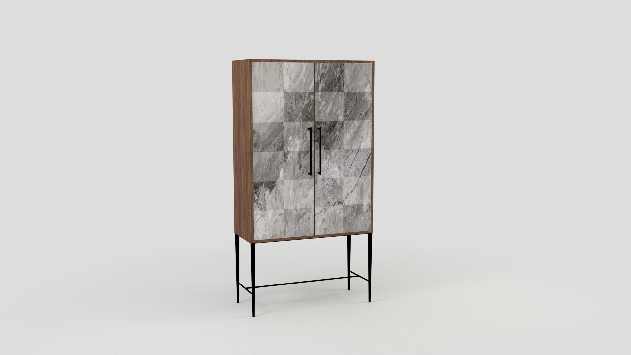 Mueble salón diseño autor mármol gris madera roble patas metálicas negras grande lujo