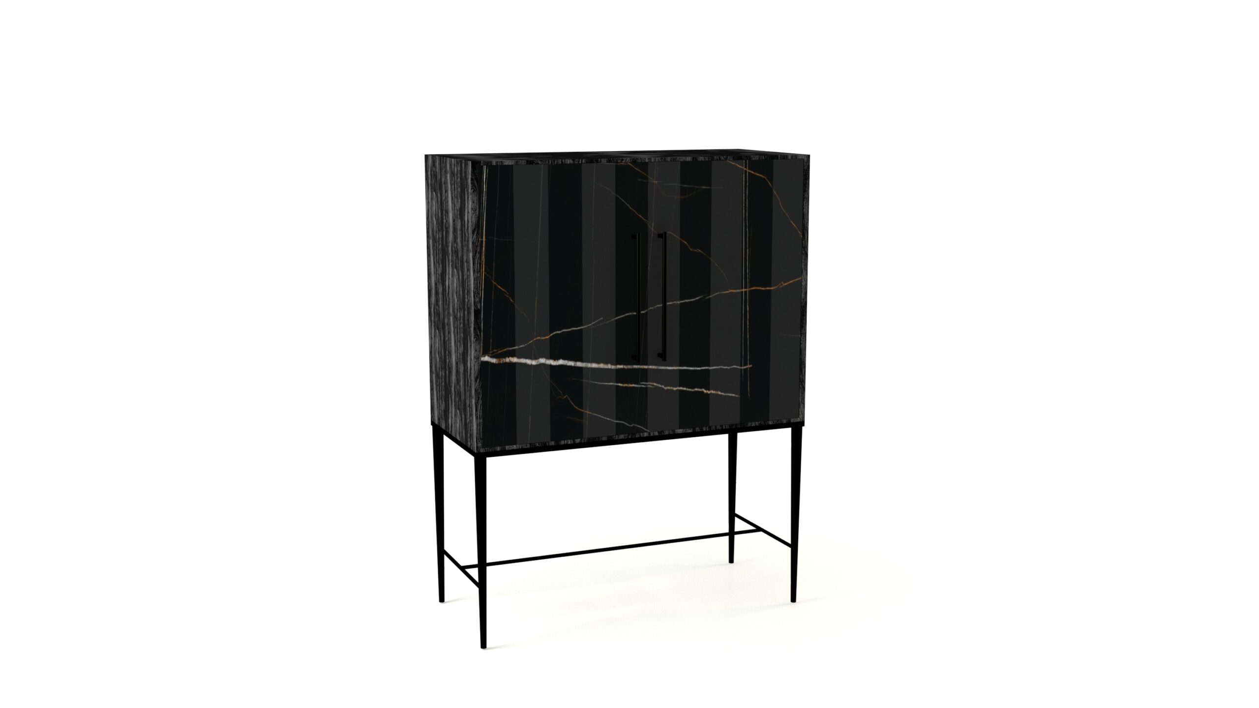 Mueble salón diseño autor mármol negro madera negra patas metálicas negras pequeño lujo