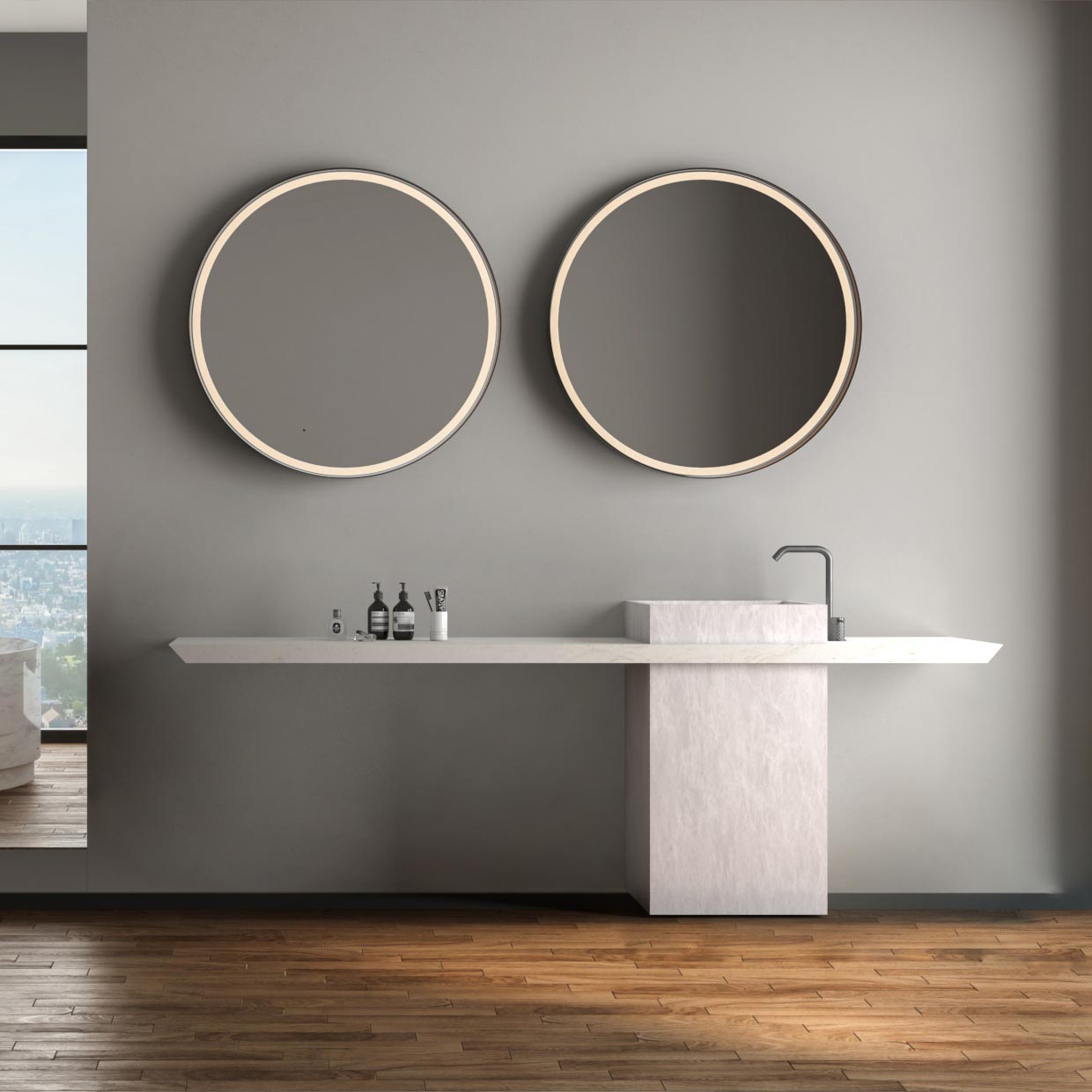 Moldunova Seno Cuadrado Dekton ICE Mueble de baño singular para contract. Seno integrado. Dekton Ice.