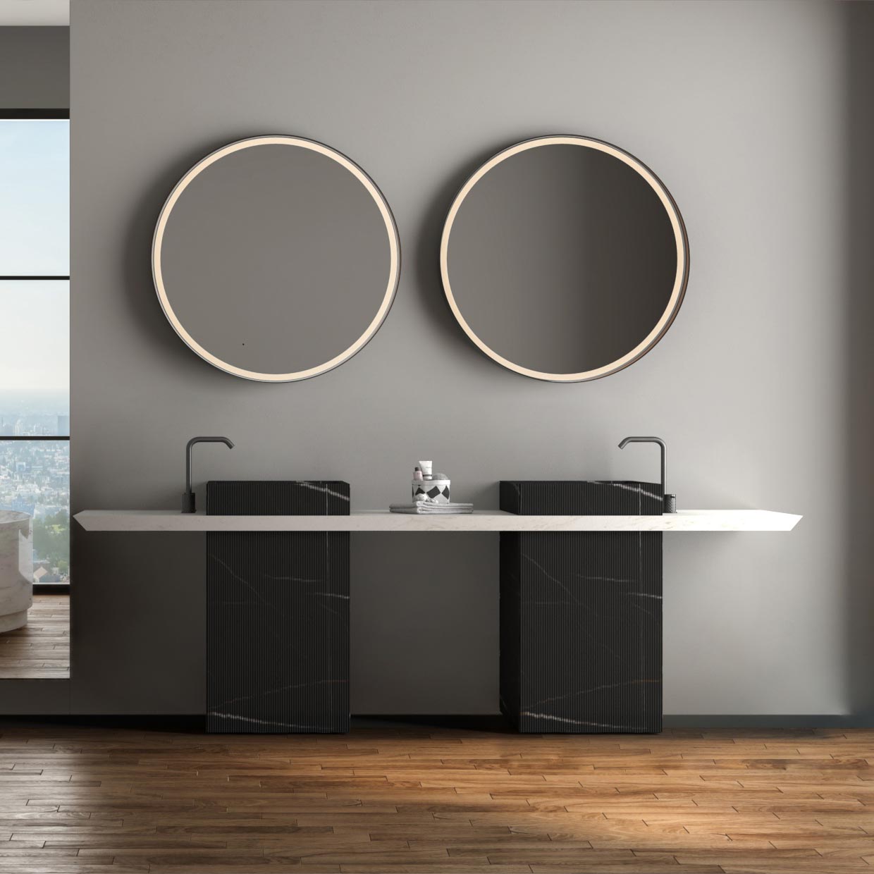 Sagitta Seno Cuadrado doble Black Mirage Mueble de baño singular para contract. Doble, seno integrado. Mármol negro Black Mirage.