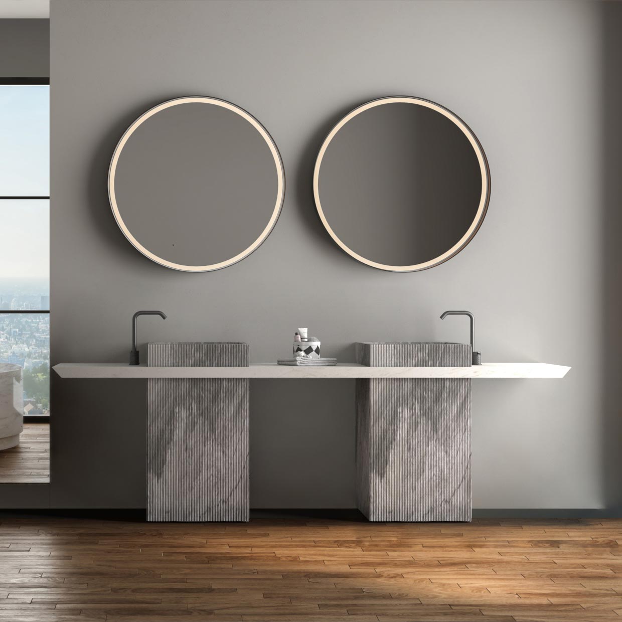 Sagitta Seno Cuadrado doble Nairobi Mueble de baño singular para contract. Doble, seno integrado. Mármol Gris Nairobi.