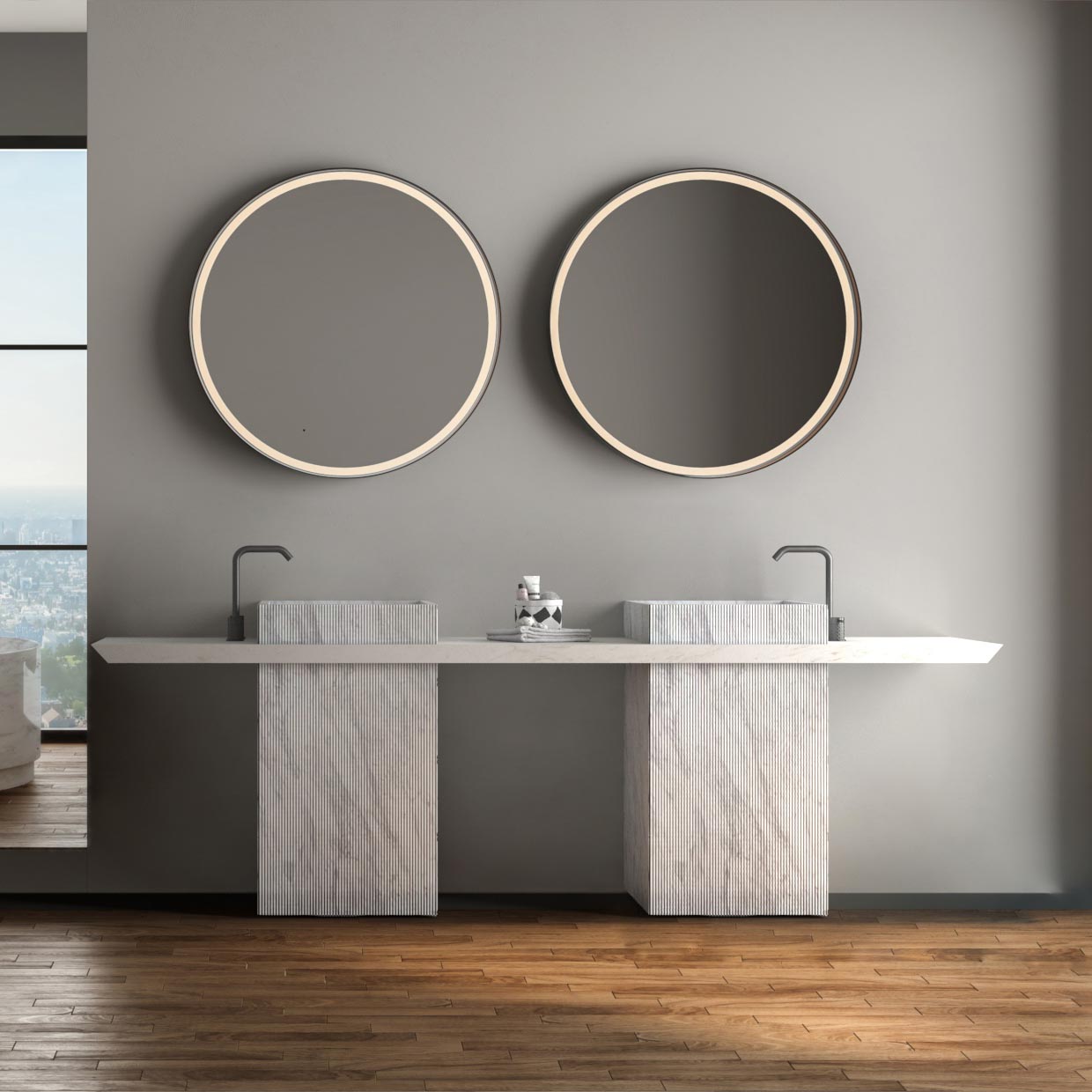 Sagitta Seno Cuadrado doble Novulato Mueble de baño singular para contract. Doble, seno integrado Mármol blanco Nuvolato
