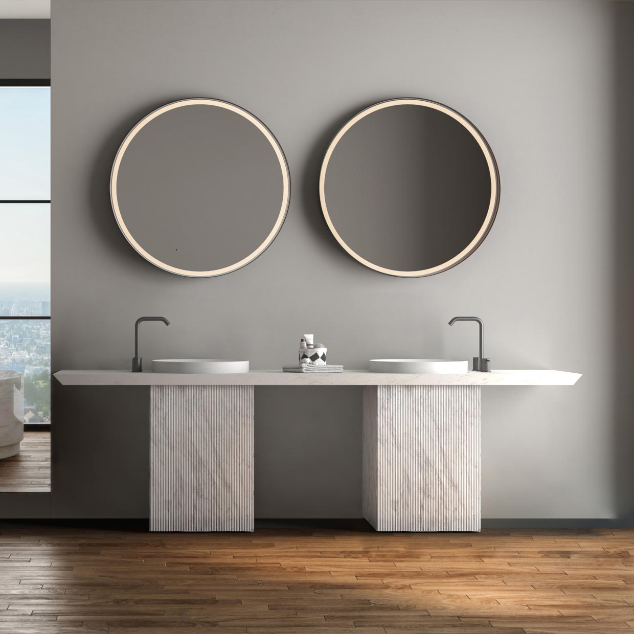 Sagitta doble con seno Novulatoi Mueble de baño singular para contract. Doble, seno cerámico. Mármol blanco Nuvolato